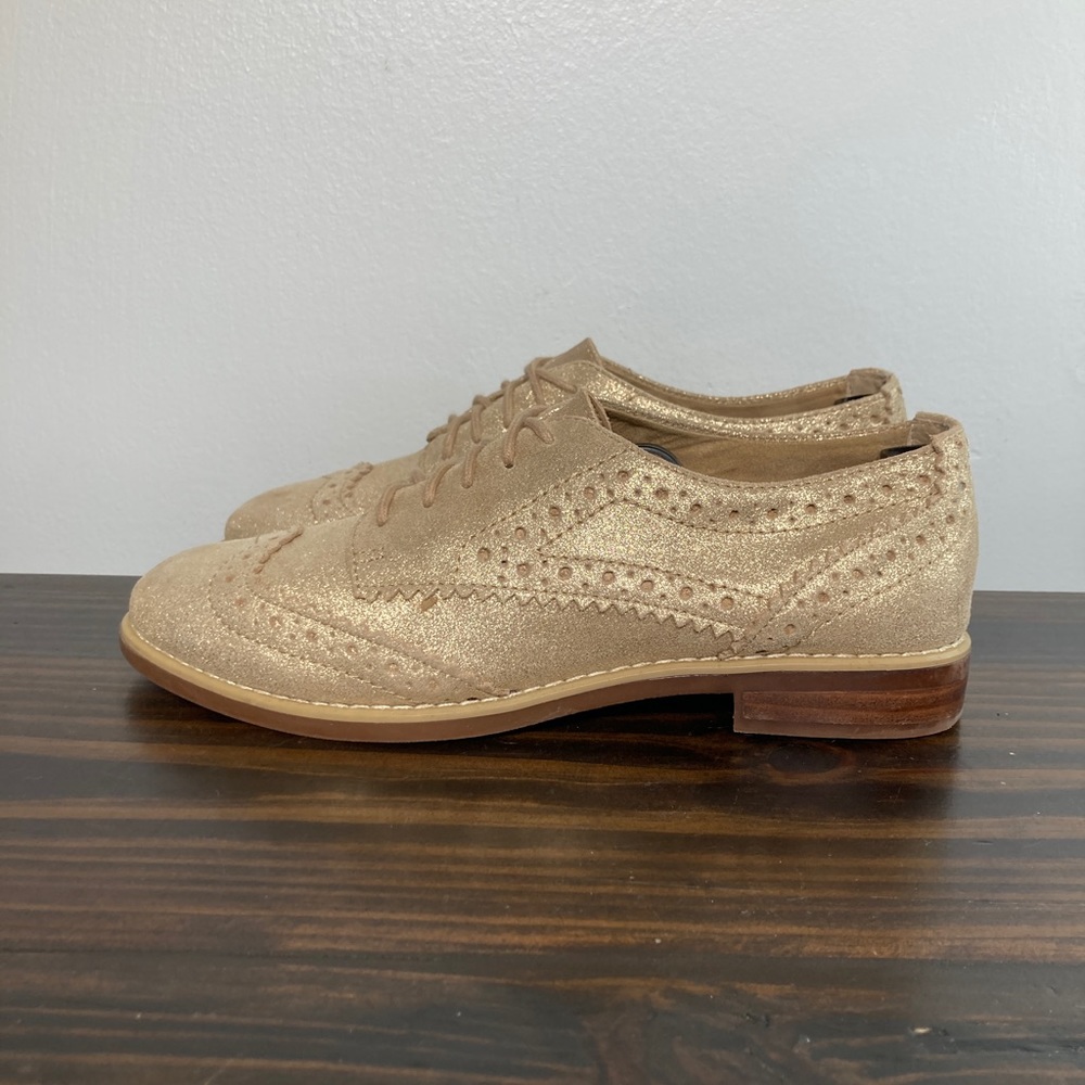 Gianni Bini Gold Metallic Leather Wood Bottom Oxford Shoes Womens Size 7 - Picture 3 of 8